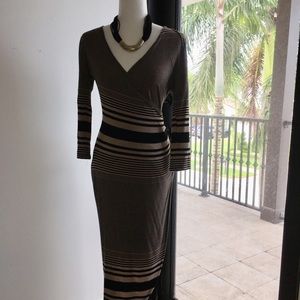 Tan and black fitted wrap dress